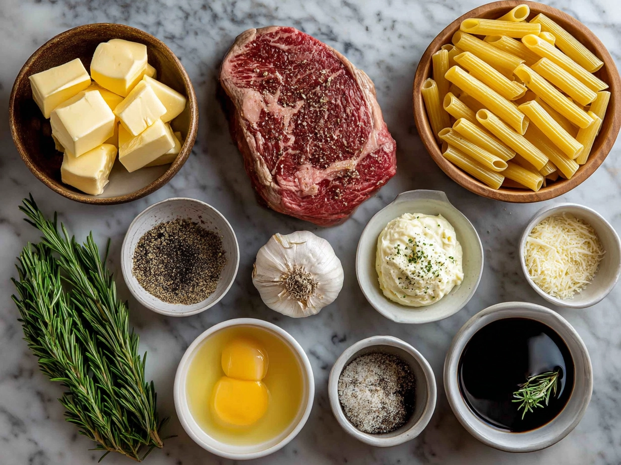 Raw ingredients for creamy garlic butter steak rigatoni on marble surface including butter, steak, garlic, pasta, Parmesan and herbs