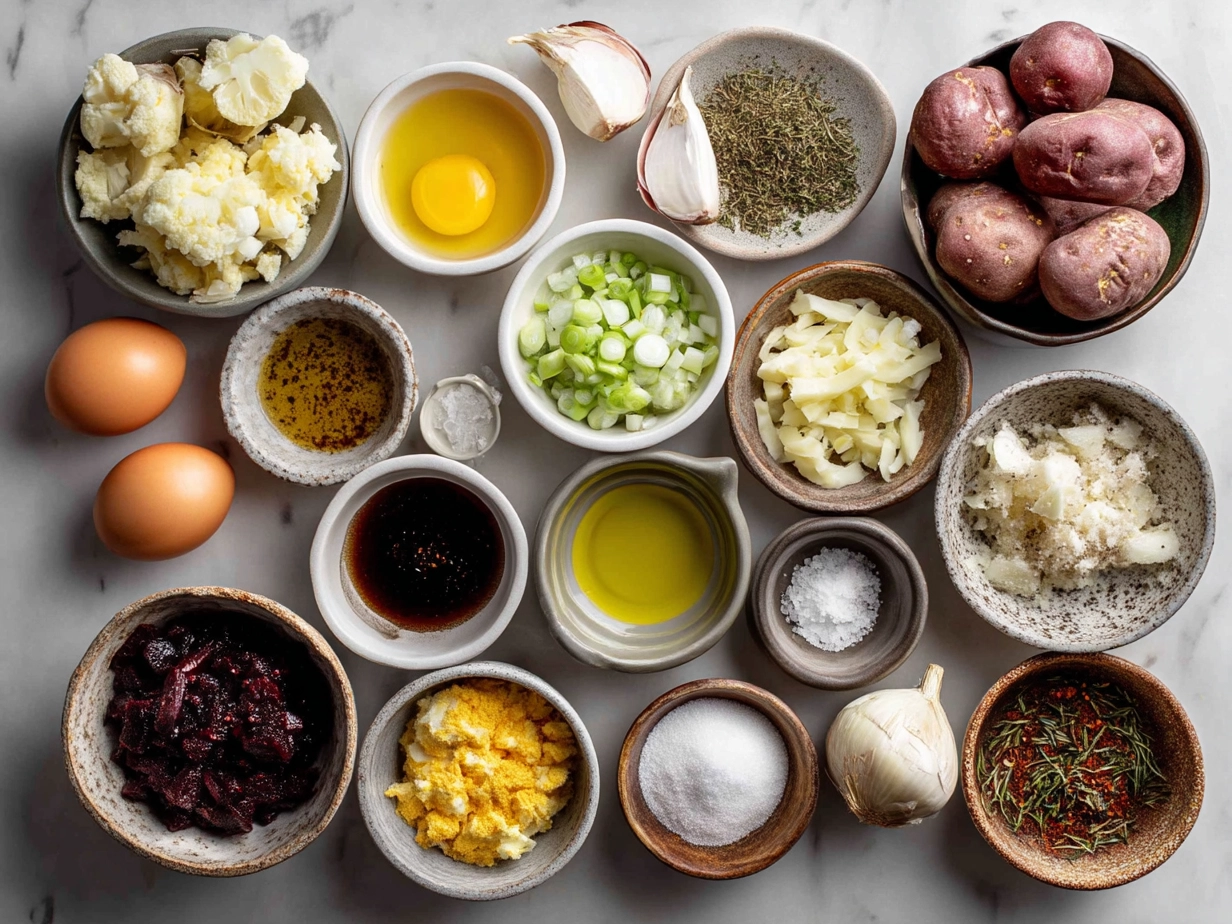 Top down view of raw ingredients for crispy smashed red potatoes on marble