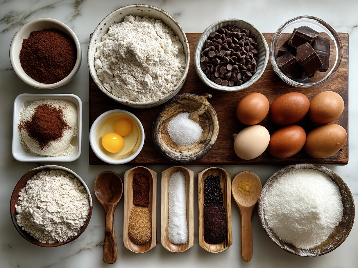 Top down raw ingredients for double chocolate sourdough cookies on marble