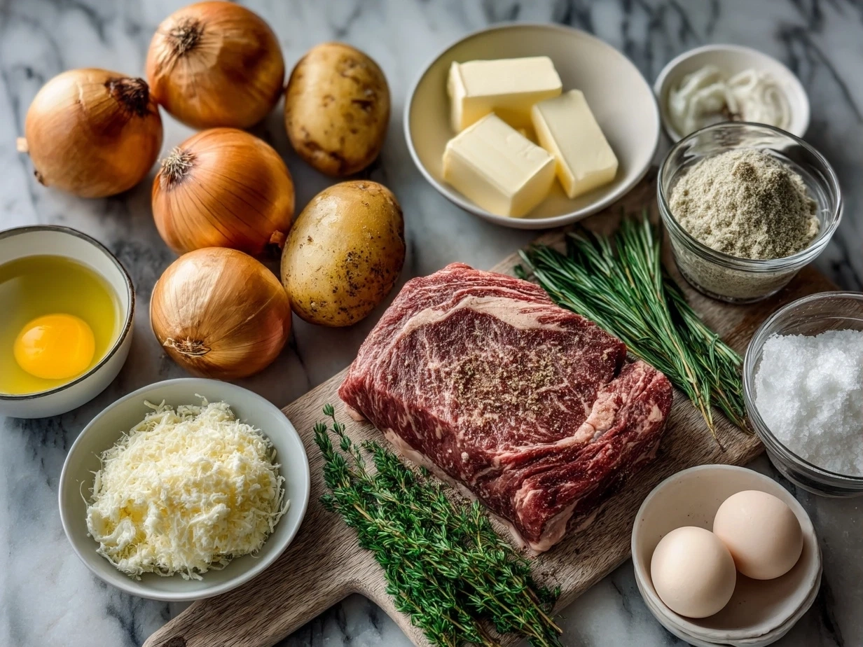 Top down raw ingredients for French Onion Pot Roast on marble