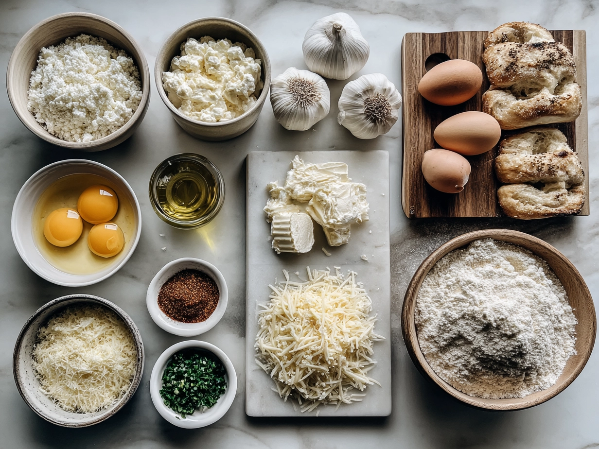 Raw ingredients for Garlic-Parmesan Cottage Cheese Bagels displayed on marble surface