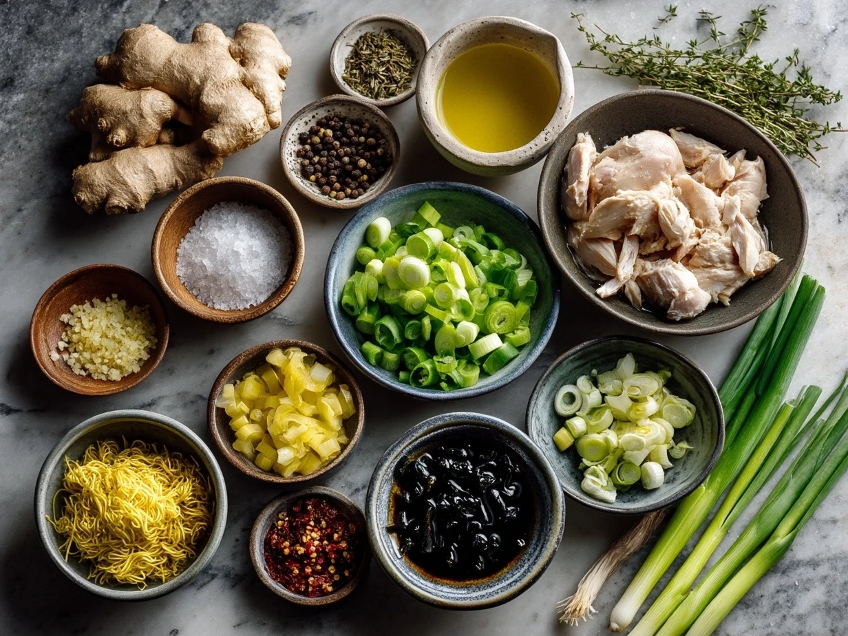 Top down view of raw ingredients for ginger scallion chicken noodle soup including fresh ginger, scallions, chicken breasts, garlic and noodles