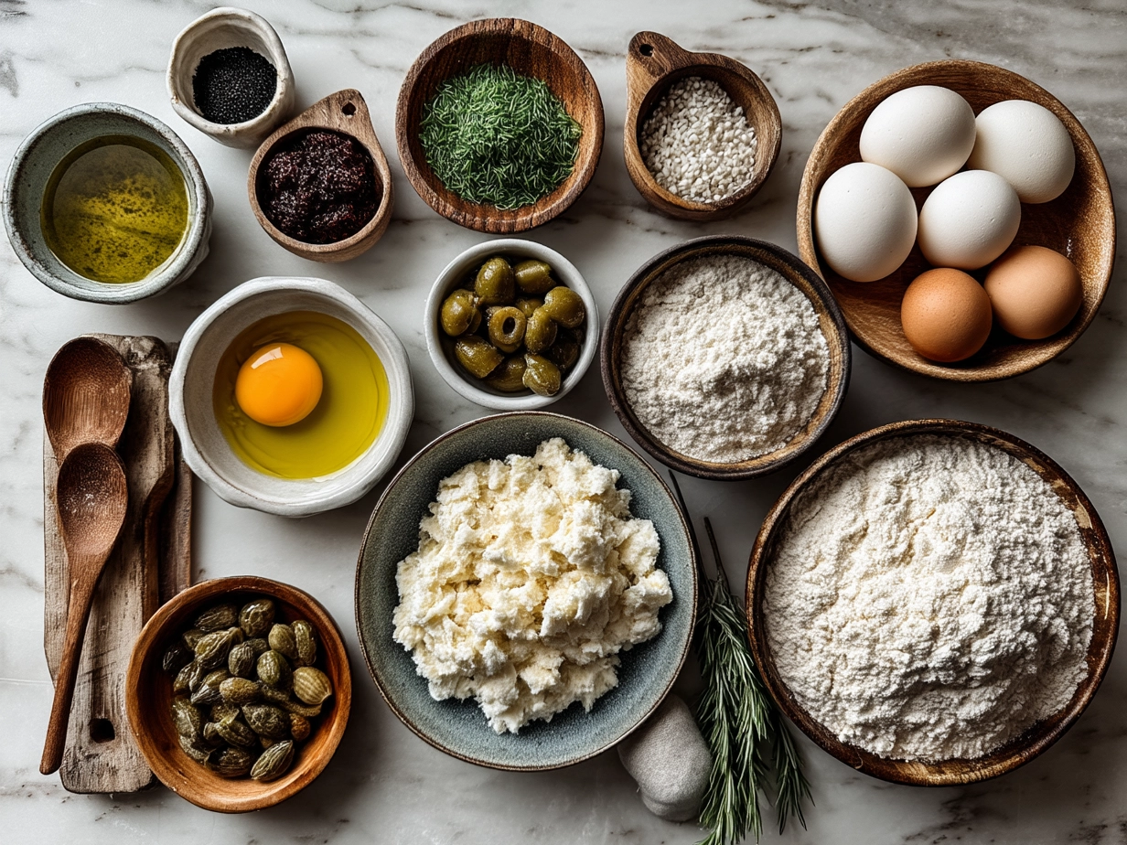 Raw ingredients for gluten-free Greek yogurt bagels on marble surface