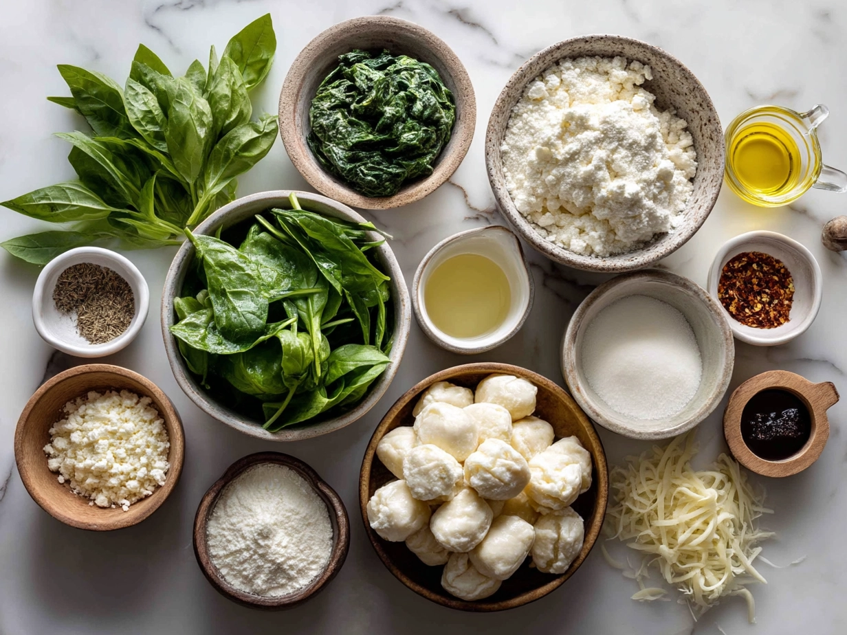 Ingredients for Gnocchi with Spinach and Feta laid out on marble surface