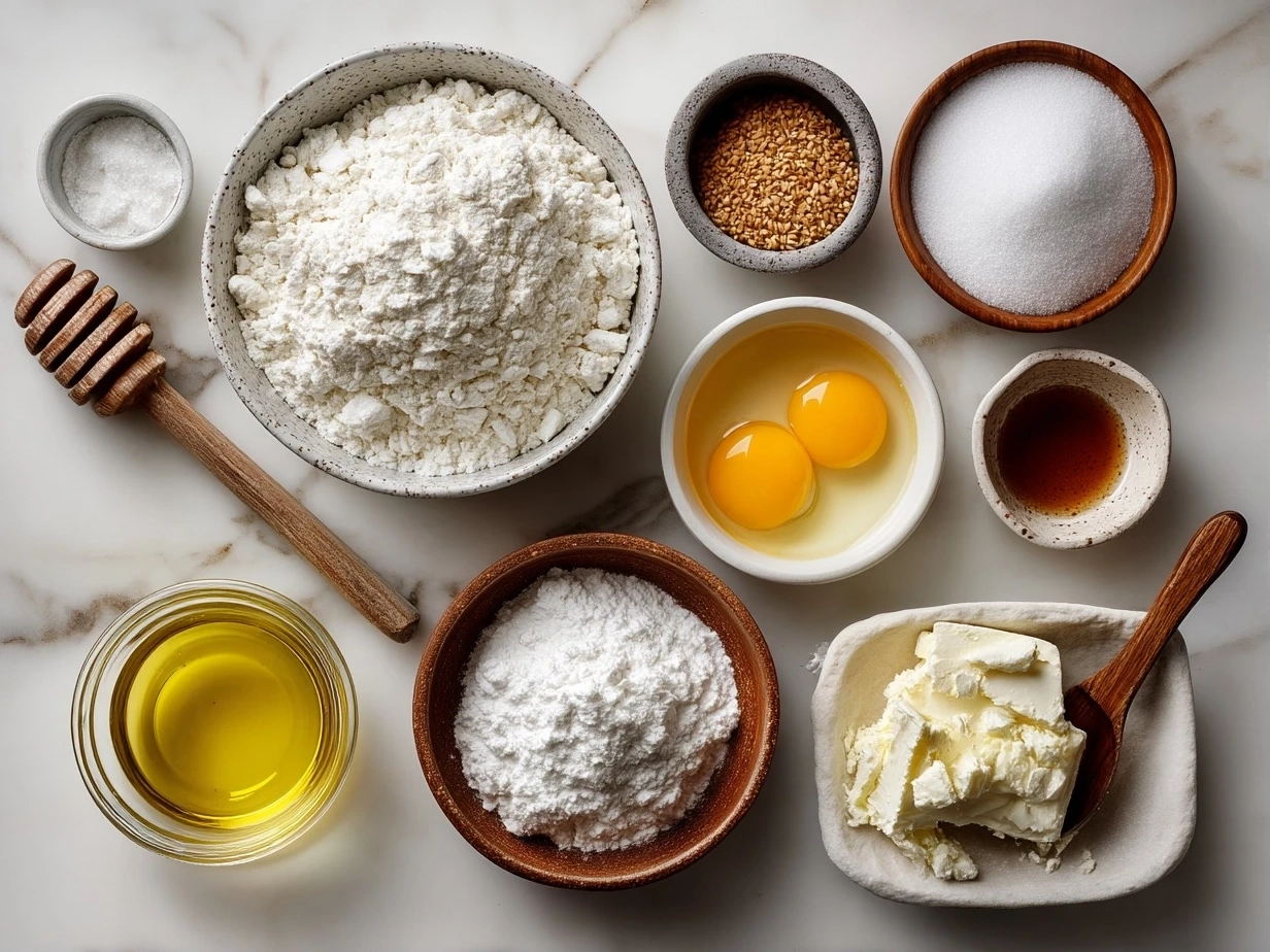 Top-down view of raw ingredients for Greek Yogurt Bagels including flour, Greek yogurt, honey, and seeds