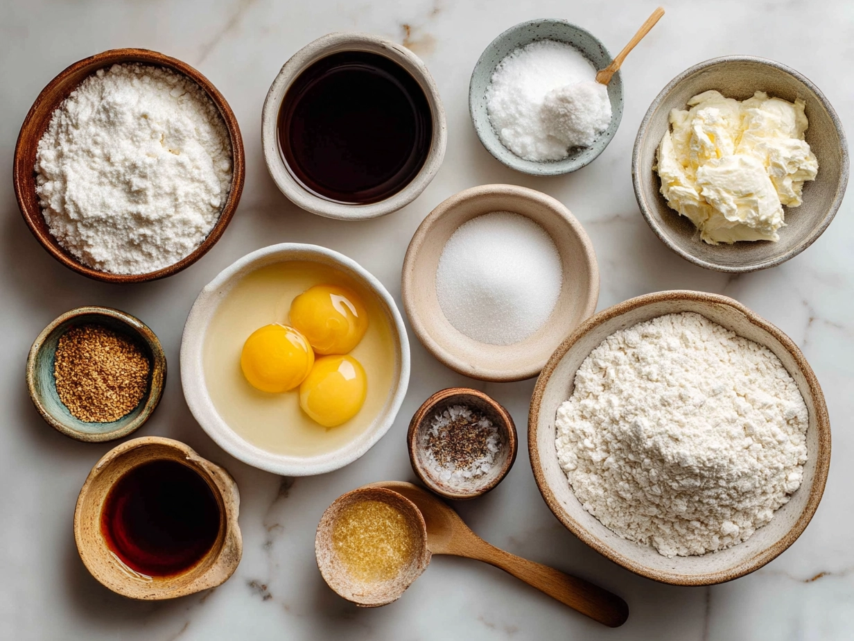 Ingredients for Greek Yogurt Pancakes: Greek yogurt, eggs, flour, sugar, baking powder, baking soda, salt, vanilla extract, and butter