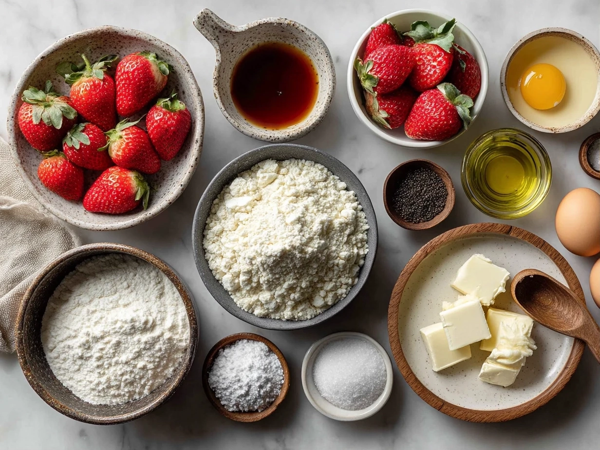 Raw ingredients for Keto Strawberry Muffins with Almond Flour laid out on a surface