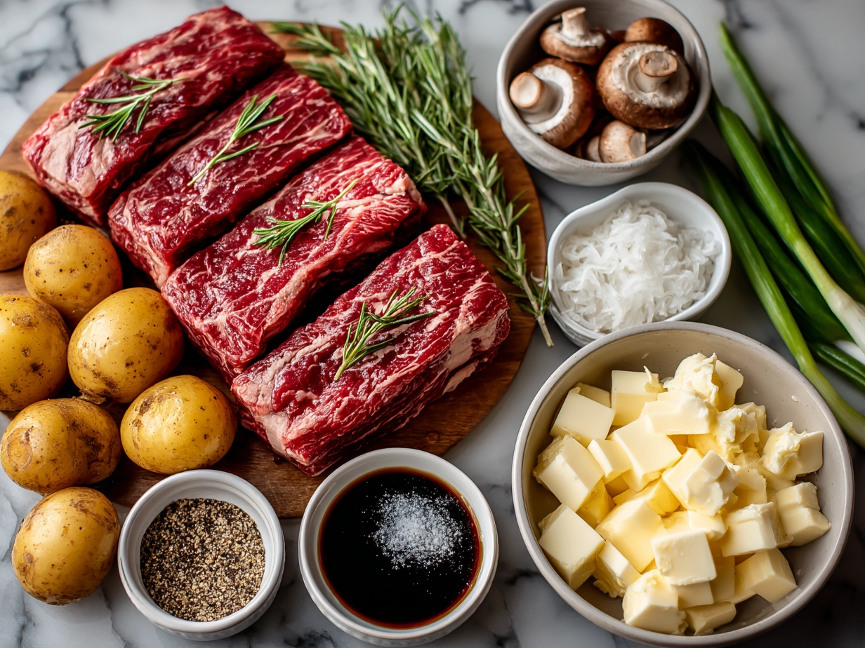 Top-down image of raw ingredients for Korean Pot Roast on marble surface