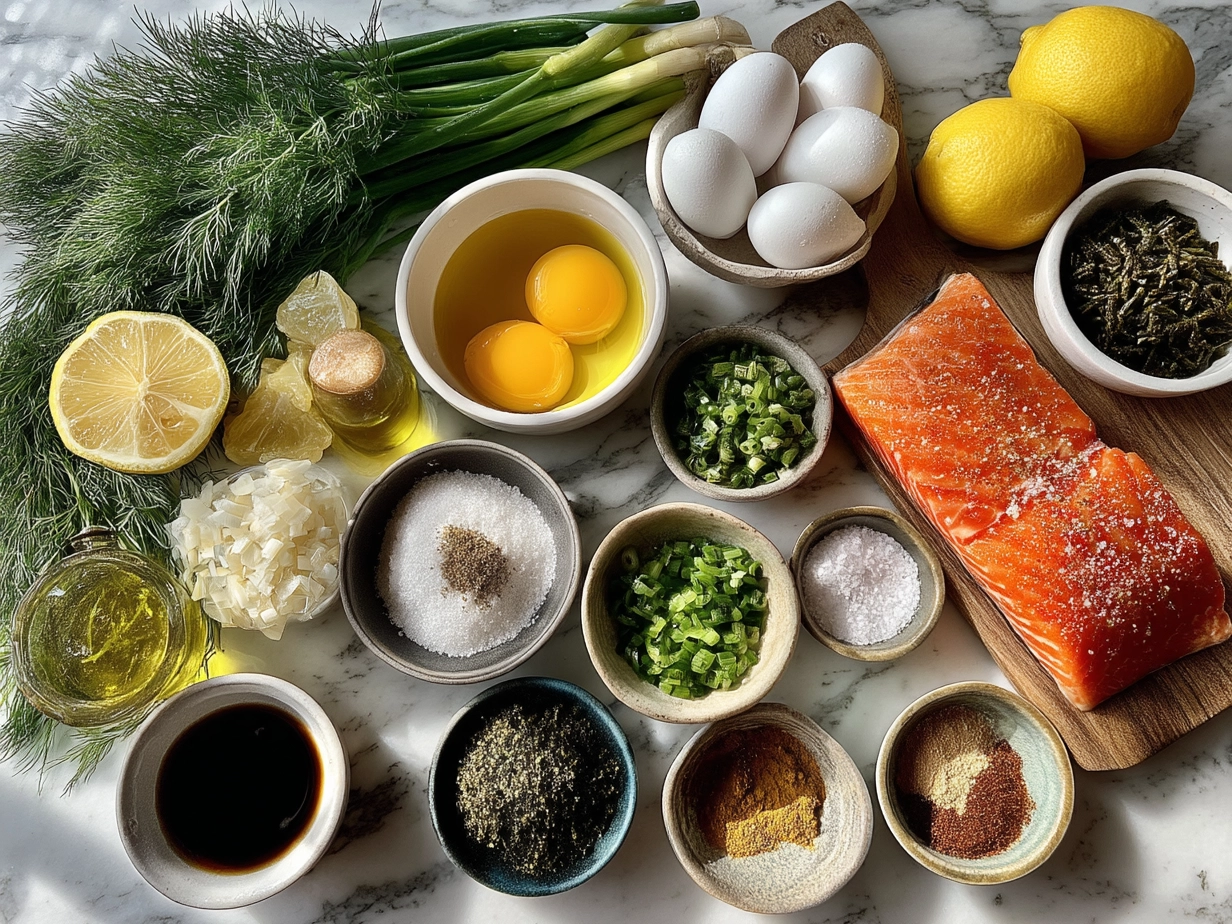 Ingredients for Lemon Dill Salmon Cakes including salmon, lemon, dill, and breadcrumbs