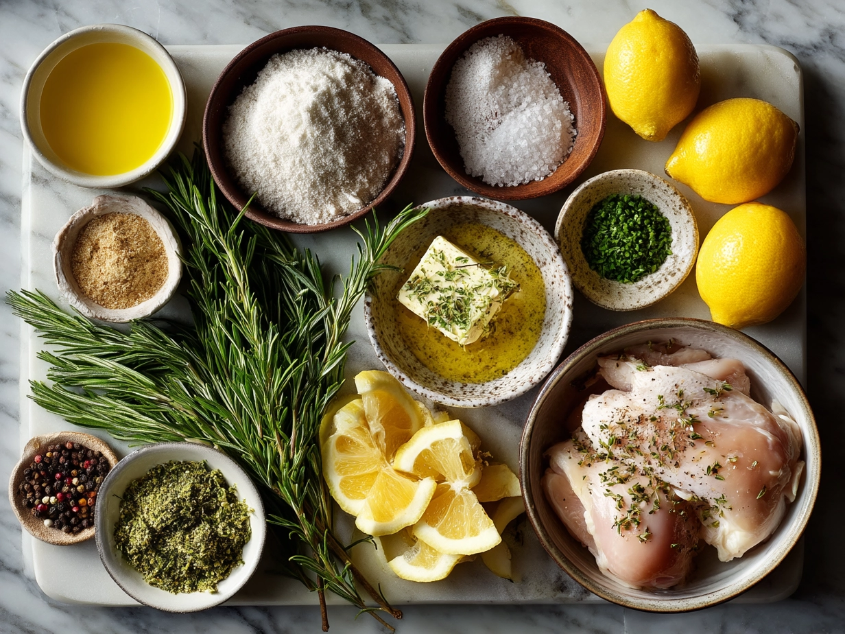 Top-down view of raw ingredients for Lemon-Herb Chicken Nourish Bowl including chicken, lemons, herbs, garlic, and vegetables