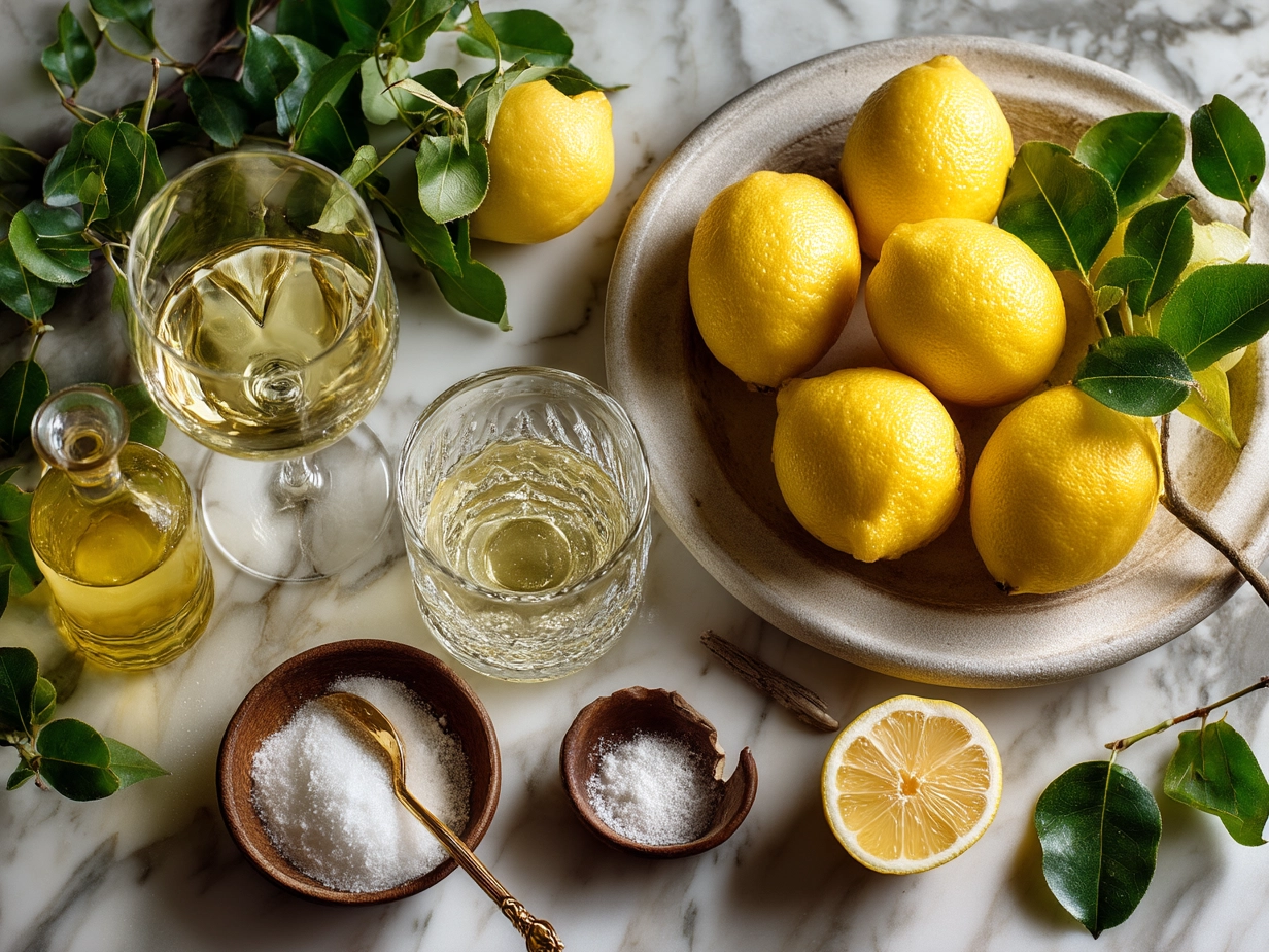 Ingredients for limoncello recipe on marble