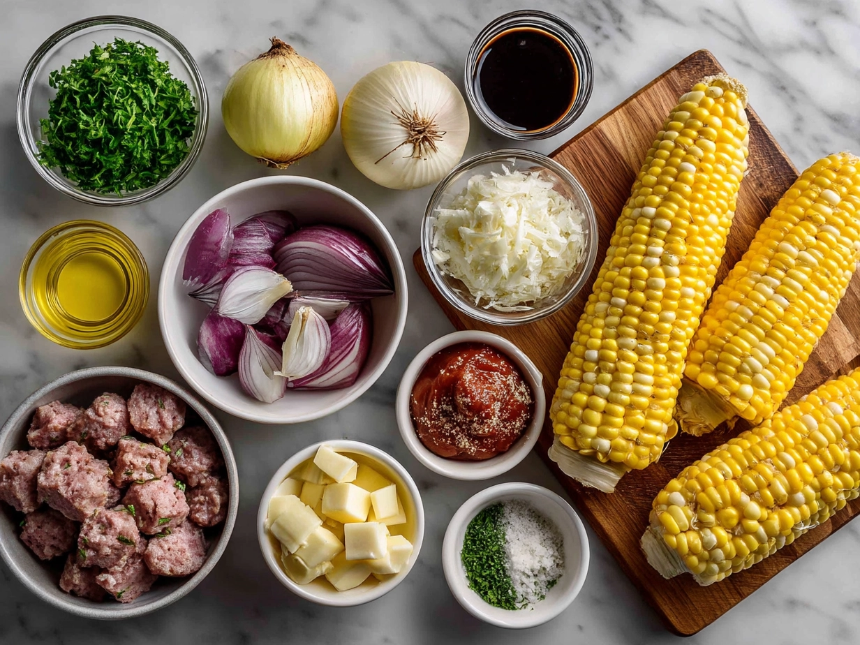 Top down raw ingredients for Maque Choux With Sausage Corn on marble kitchen surface