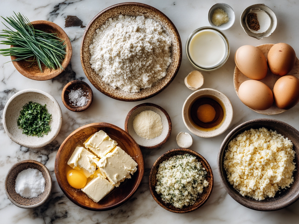 Top down raw ingredients for Nantucket Corn Pudding on marble