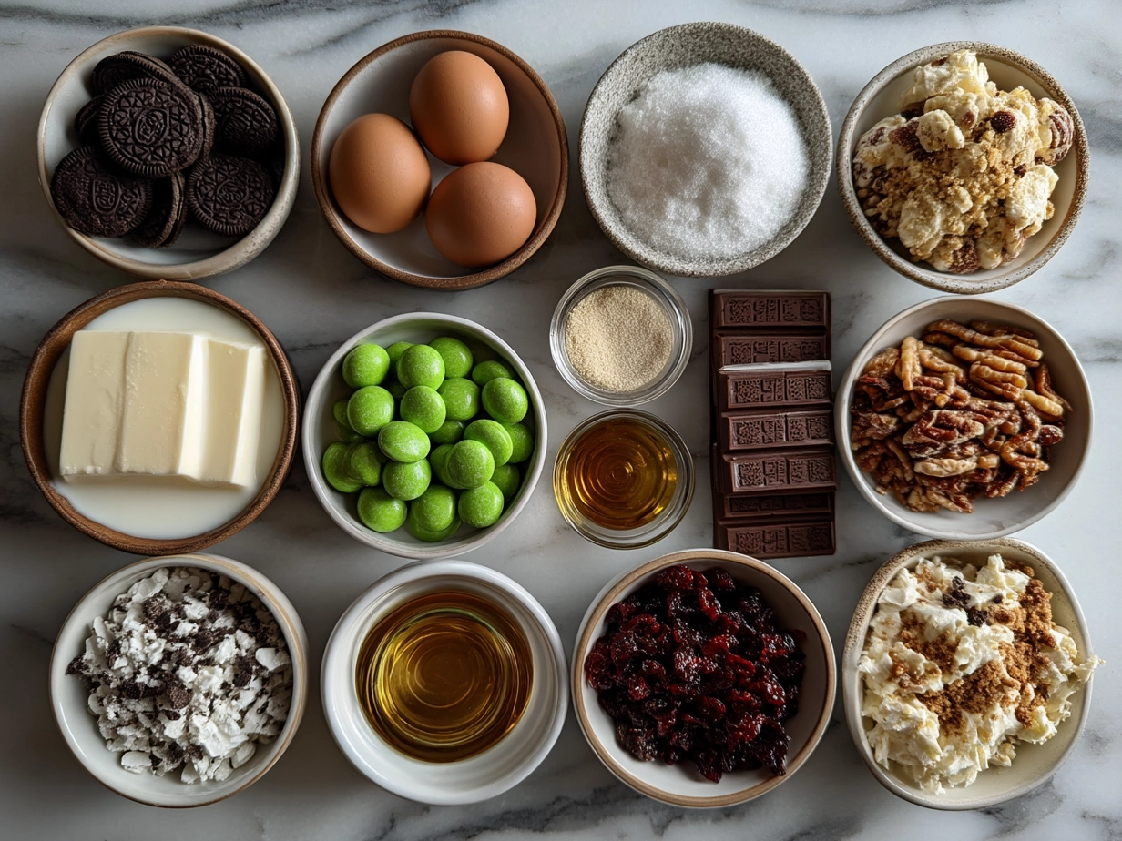 Top-down view of raw ingredients for No-Bake Grinch Oreo Truffles on marble surface