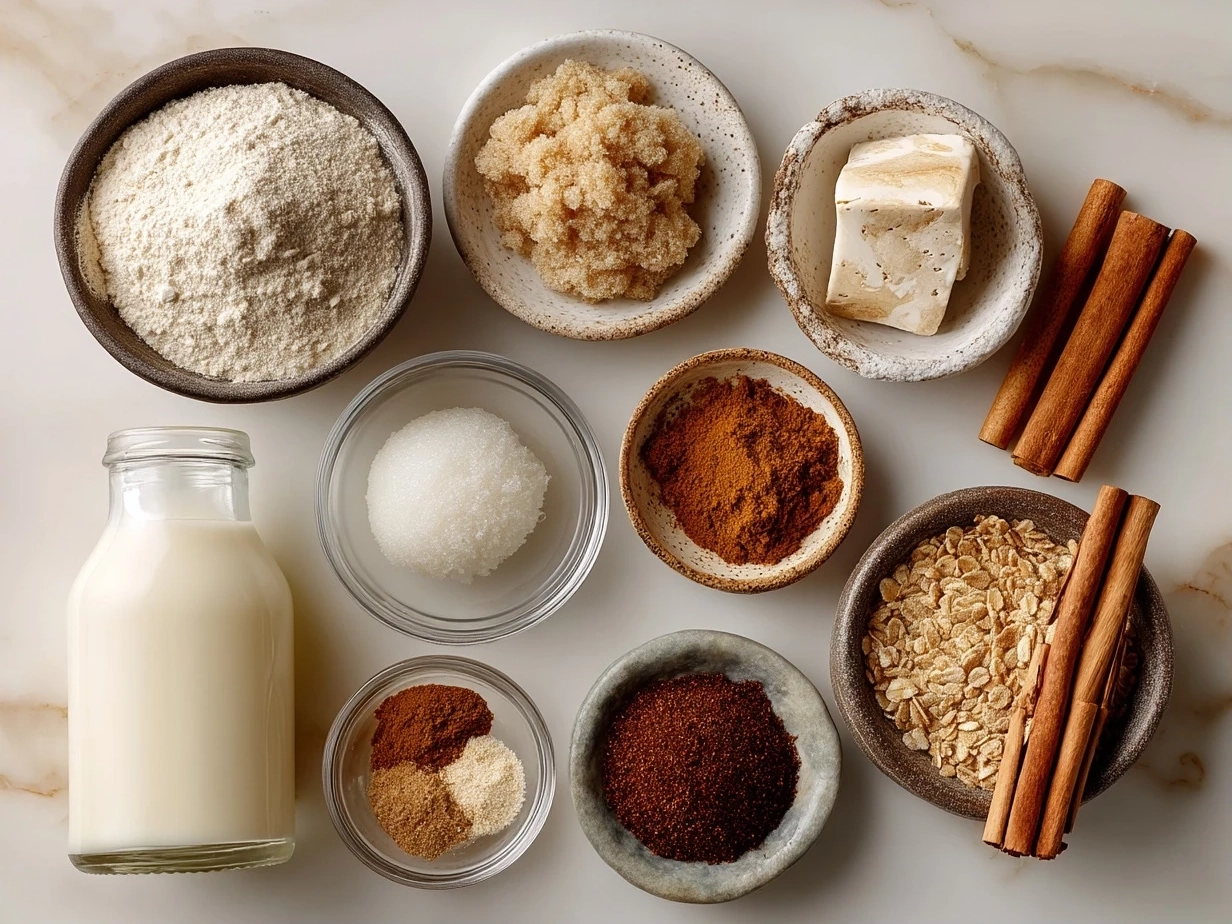 Top down view of raw ingredients for Puerto Rican Coquito on a marble surface
