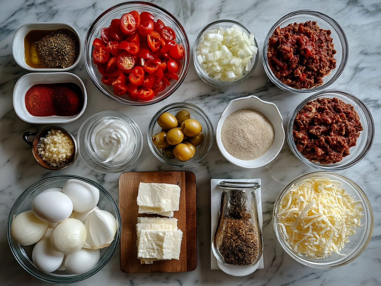 Top down raw ingredients for Ranch Taco Party Bowl on marble