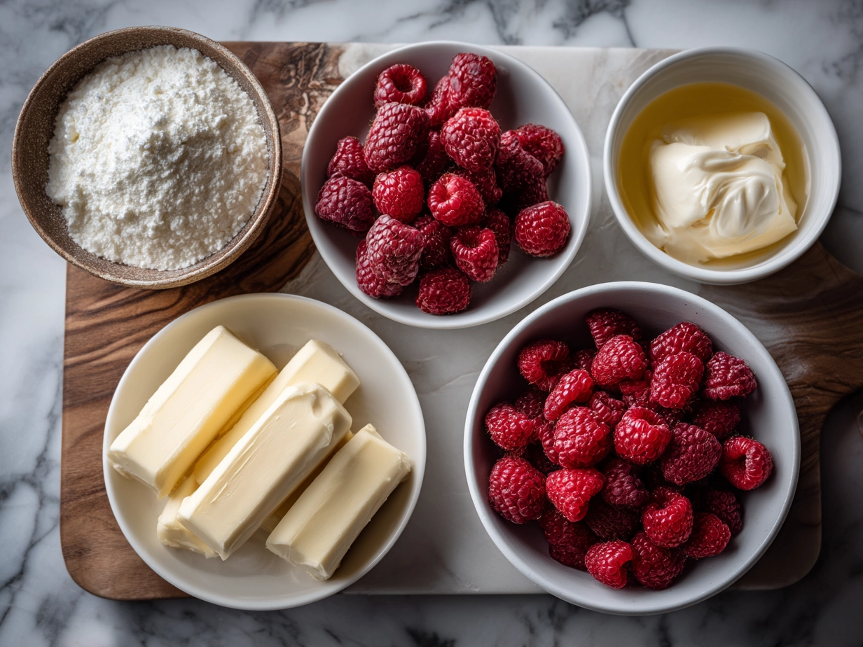 Ingredients for Raspberry Cheesecake Truffles neatly arranged on marble surface