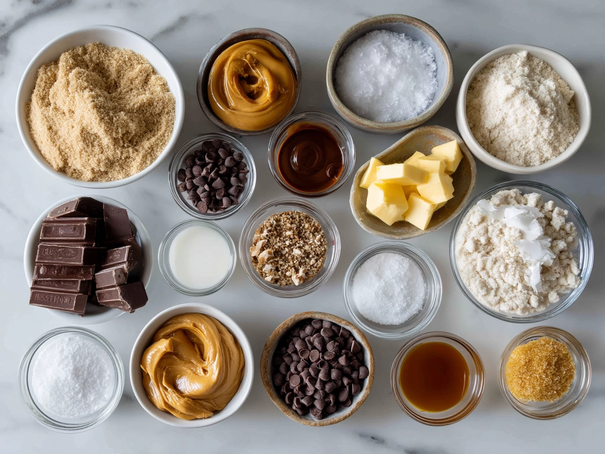 Top down view of raw ingredients for Reeses Peanut Butter Cups including peanut butter, butter, powdered sugar, and chocolate chips