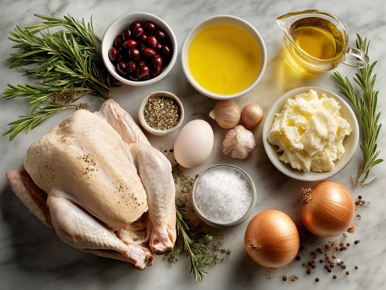 Top-down view of raw ingredients for roast turkey on marble countertop, neatly organized