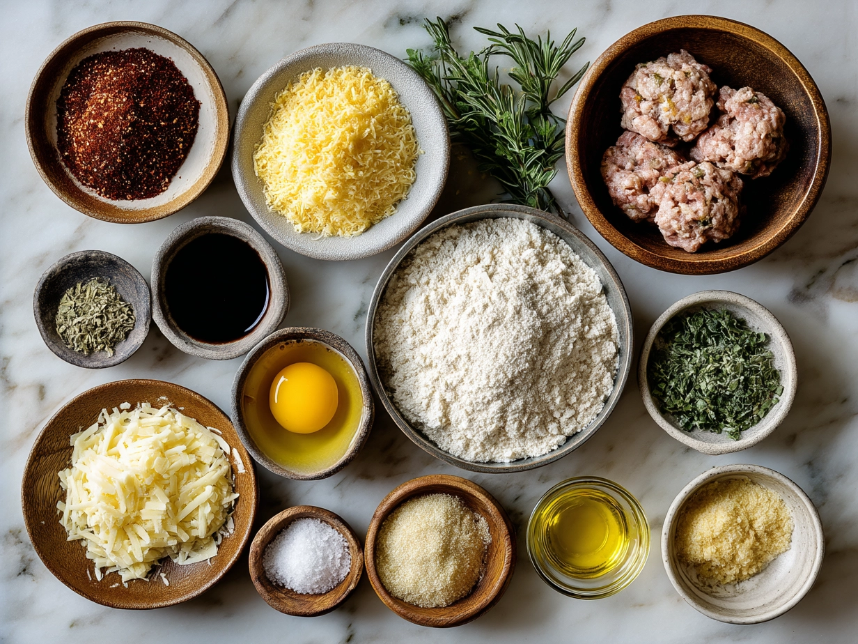 Raw ingredients for Sausage Southern Cornbread Stuffing on marble surface