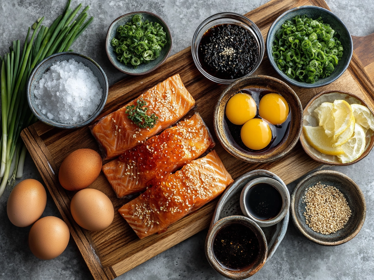 Top down view of raw ingredients for Sheet Pan Teriyaki Salmon on marble surface