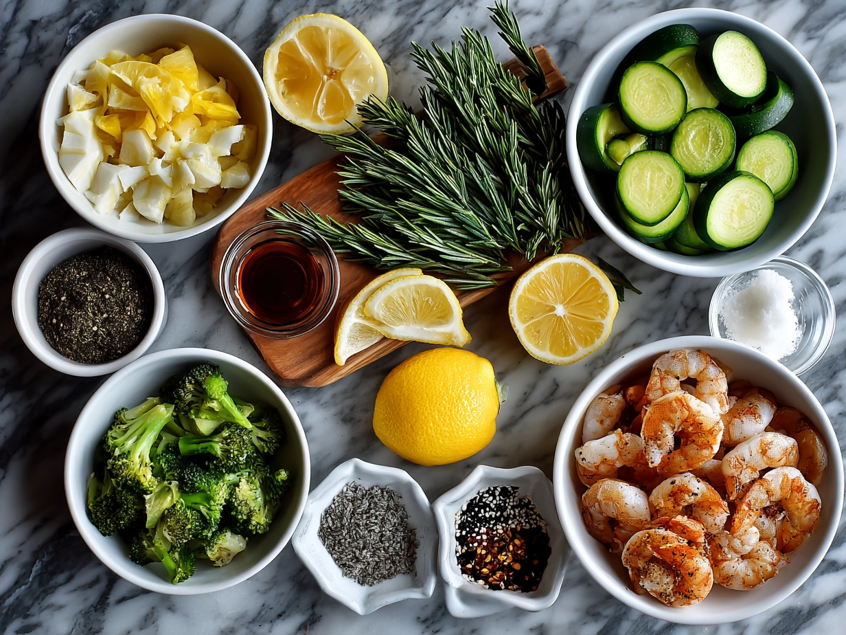 Raw ingredients for Shrimp Scampi Nourish Bowl including shrimp, garlic, butter, lemon, greens, and avocado
