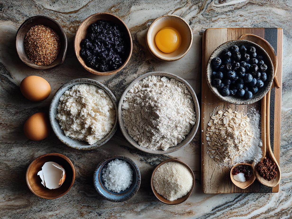 Top-down view of raw ingredients for sourdough blueberry muffins