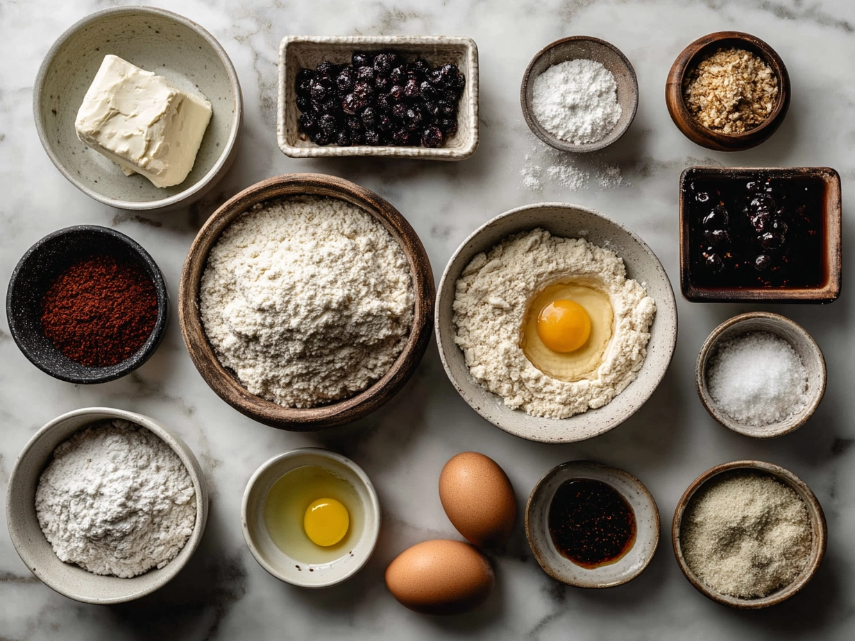 Top-down raw ingredients for sourdough discard blueberry bread on marble with a modern kitchen organized mise en place.