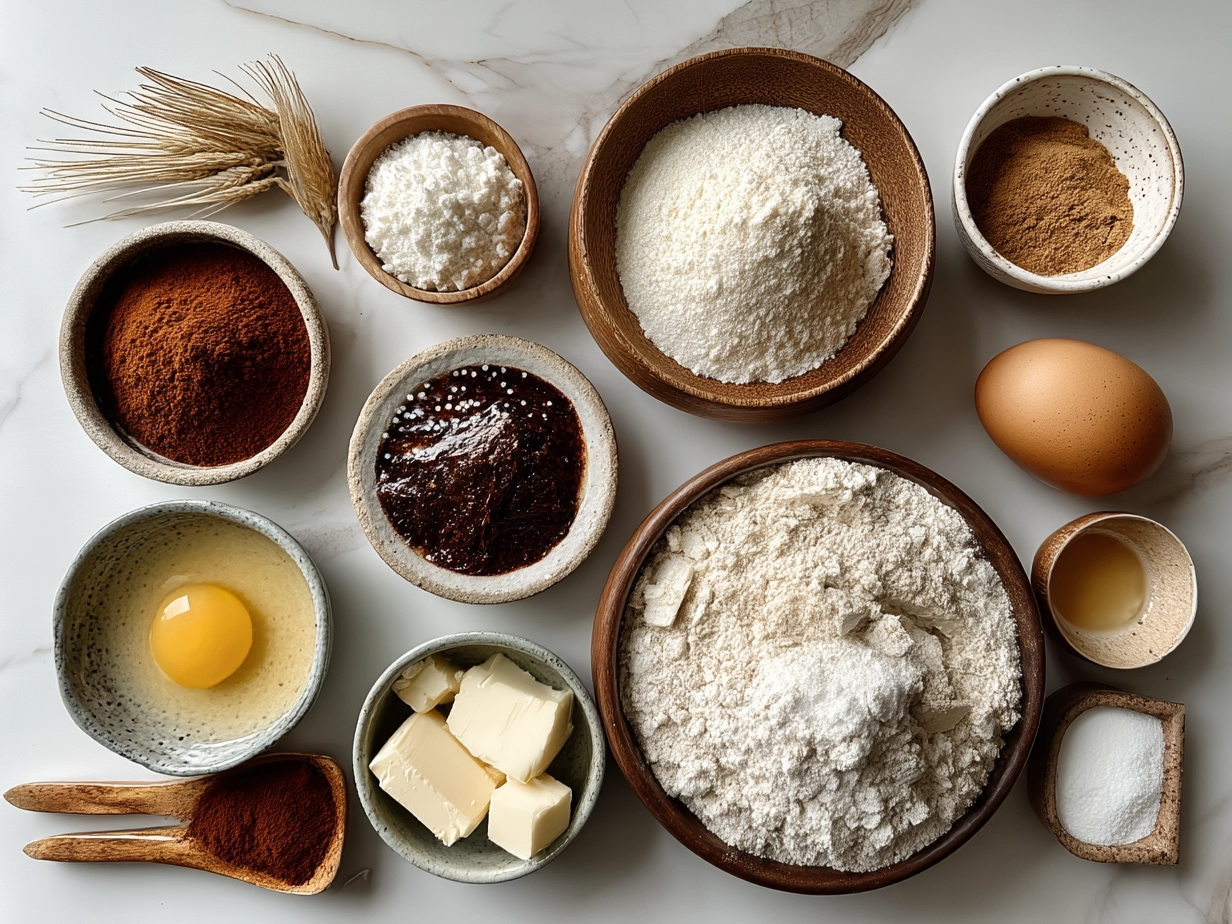 Raw ingredients for sourdough discard coffee cake muffins laid out on marble surface