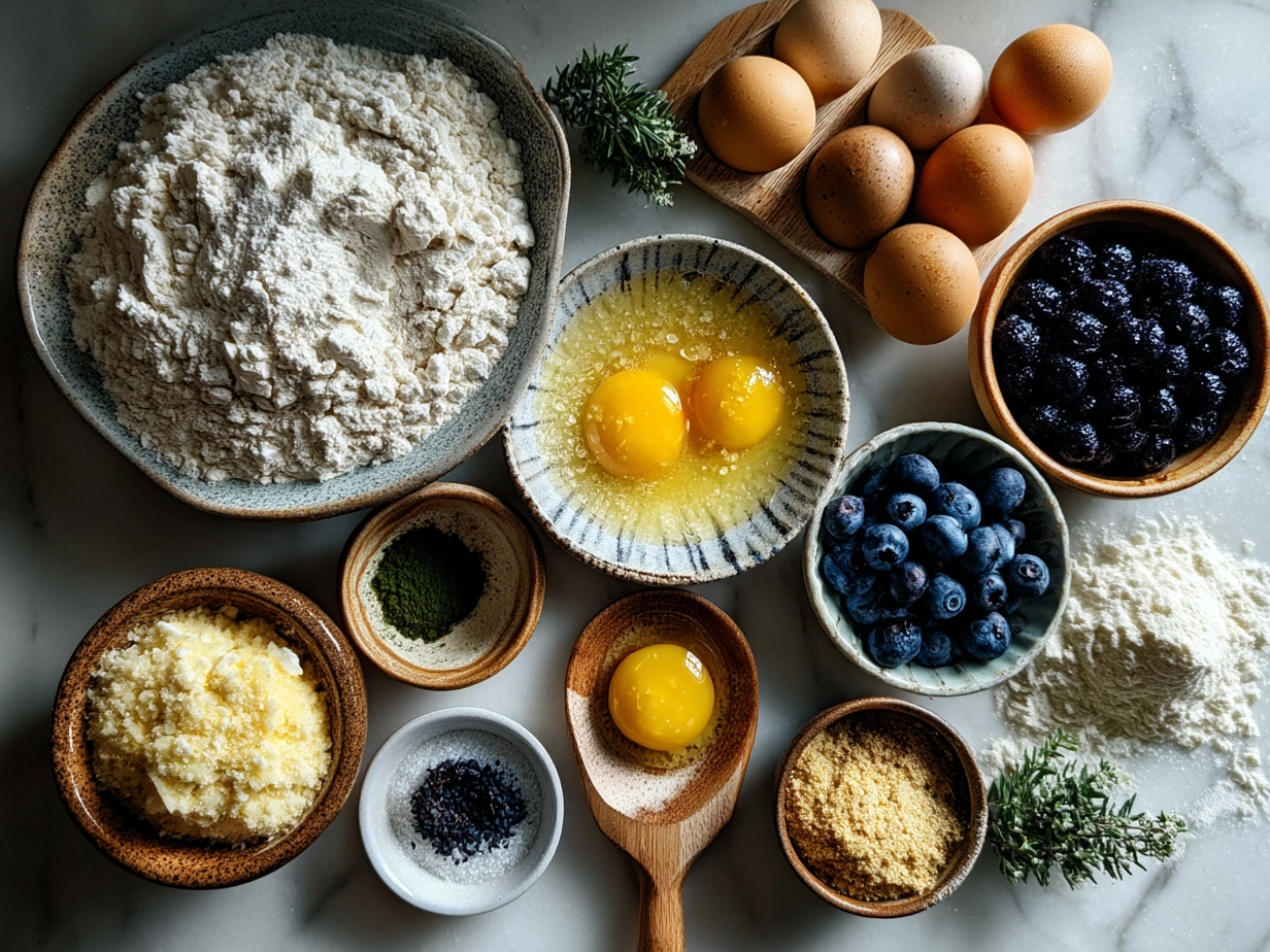 Ingredients for Sourdough Discard Lemon Blueberry Rolls arranged on marble
