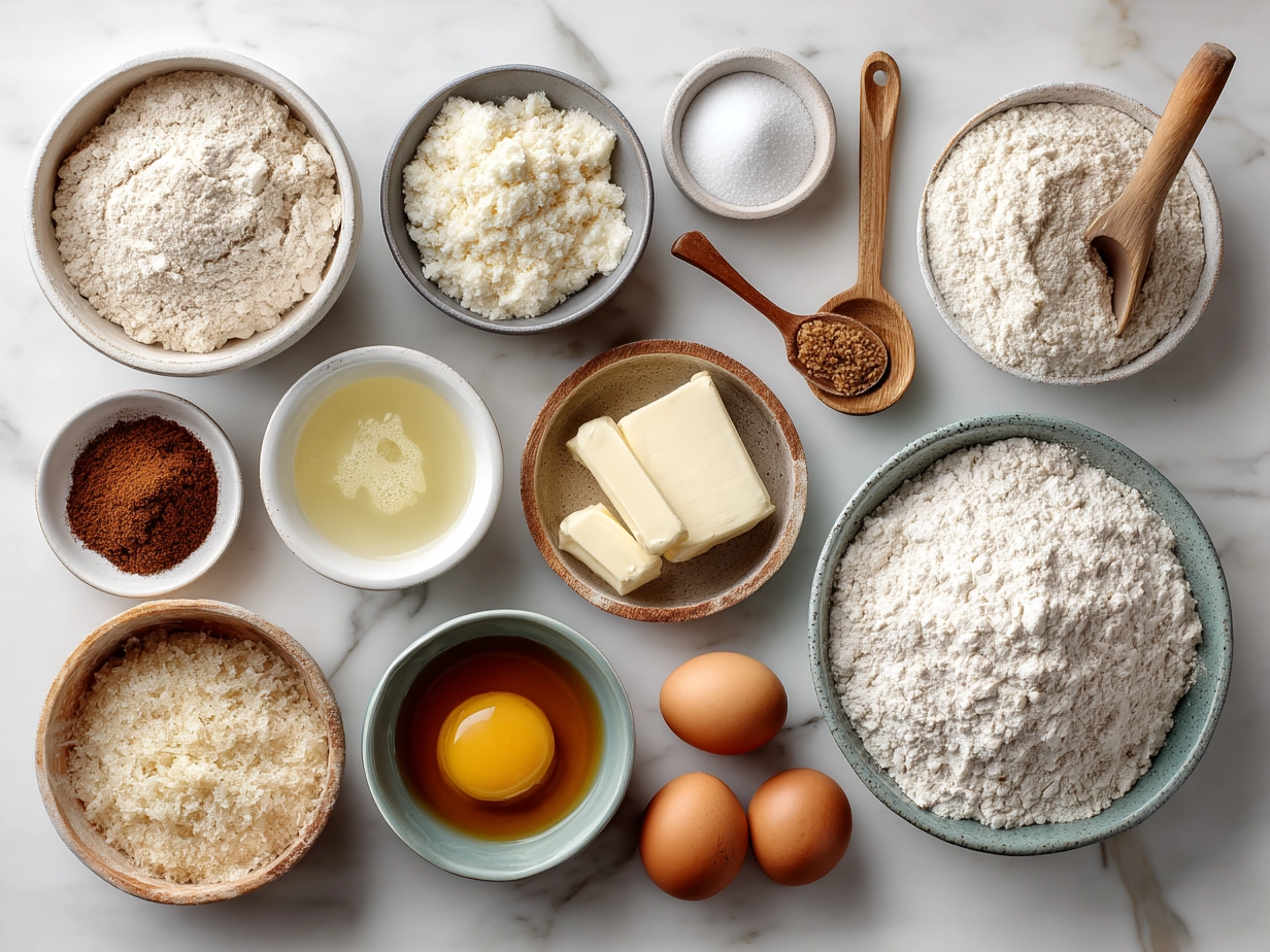 Top down view of raw ingredients for sourdough discard pancakes on marble surface