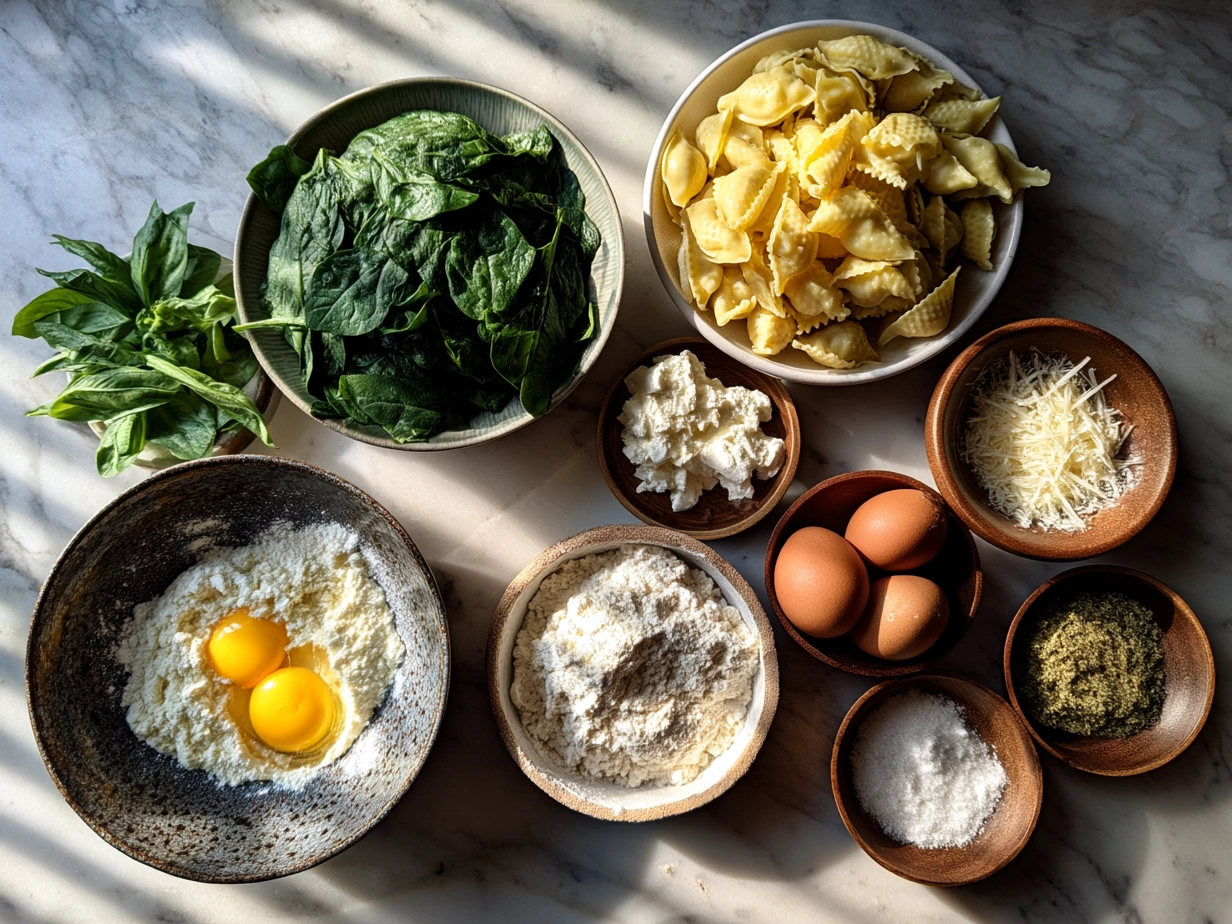 Ingredients for Spinach Ricotta Stuffed Shells laid out on marble surface
