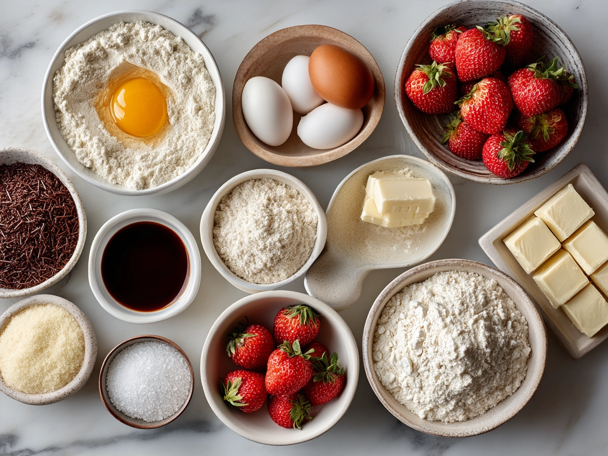 Top down view of raw ingredients for Strawberry Kiss Cookies on marble surface