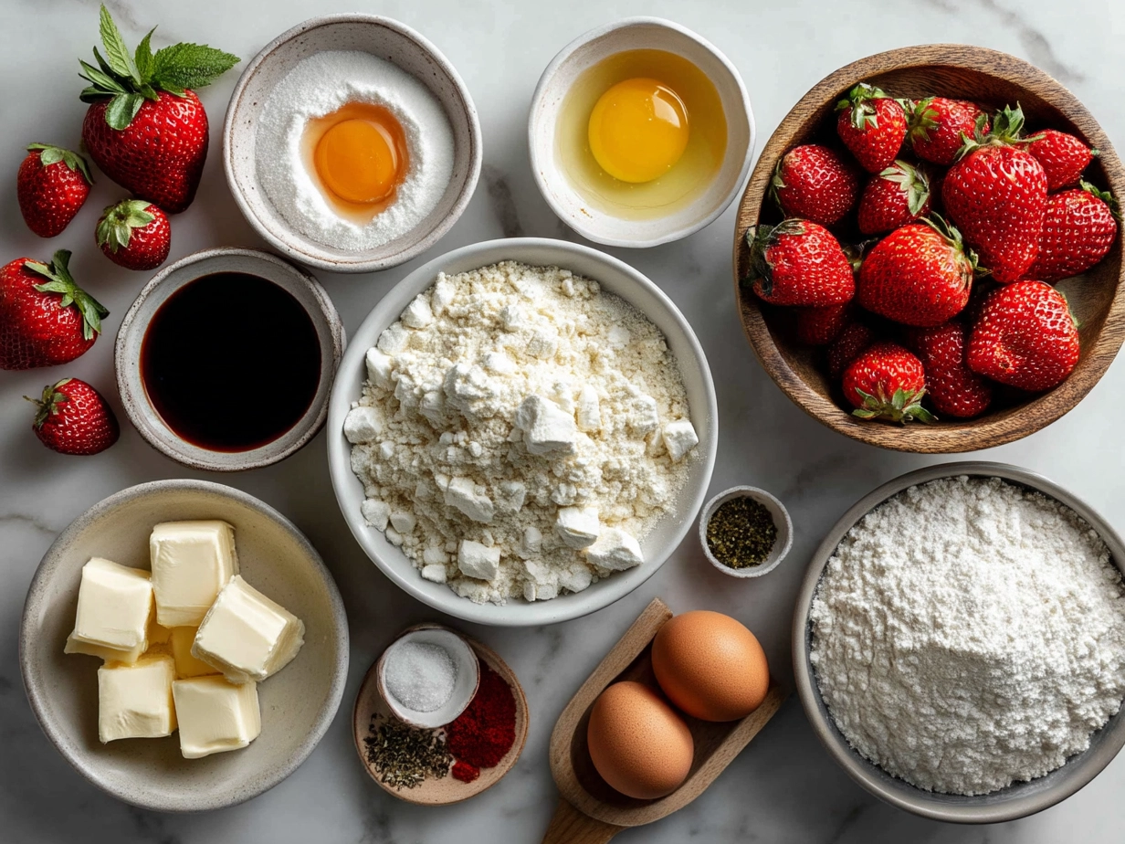 Top down raw ingredients for strawberry ricotta muffins