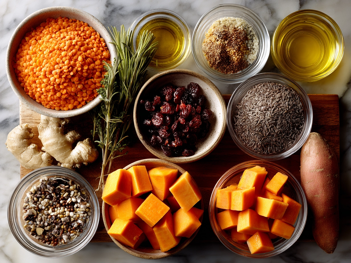 Top down raw ingredients for sweet potato lentil stew on marble counter, organized mise en place