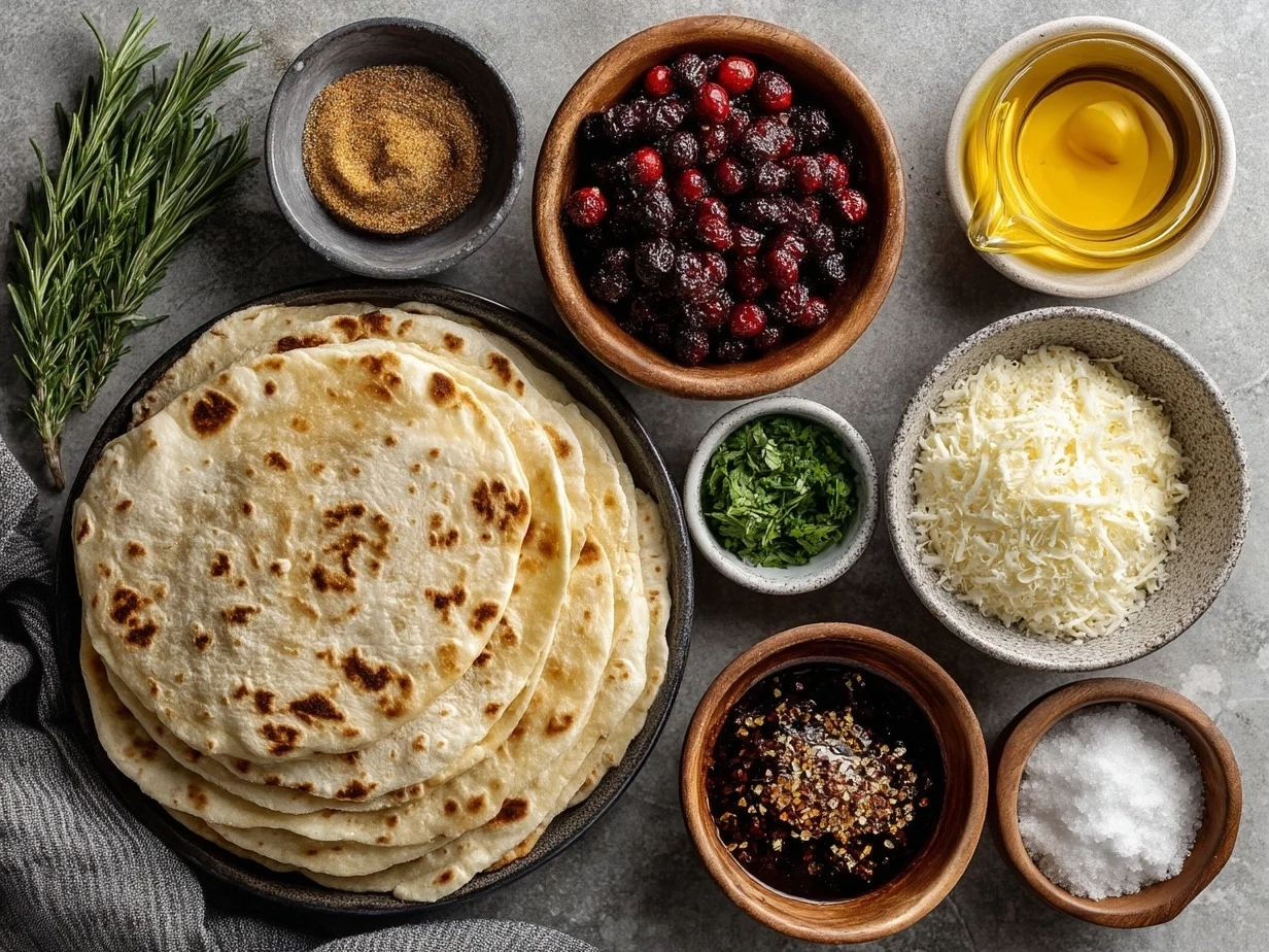 Top down raw ingredients for turkey cranberry quesadillas on marble