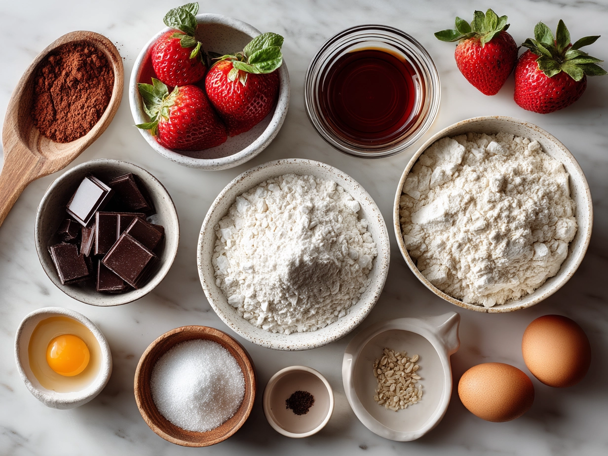 Top-down view of raw ingredients for Valentine Strawberry Cookies on marble surface