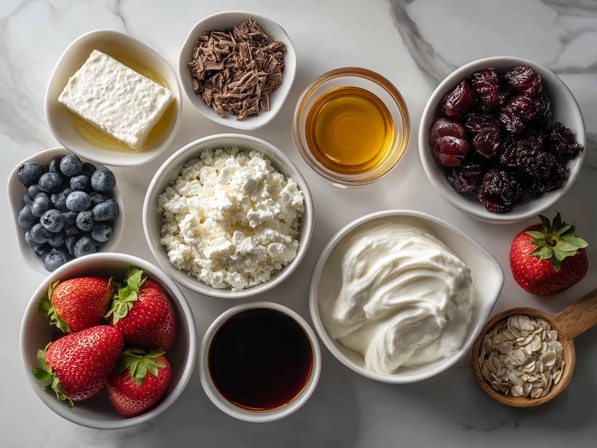 Top down view of raw ingredients for Valentine Treats Greek Yogurt Bowl: Greek yogurt, strawberries, pomegranate seeds, honey, granola, lemon zest, cinnamon, and chia seeds