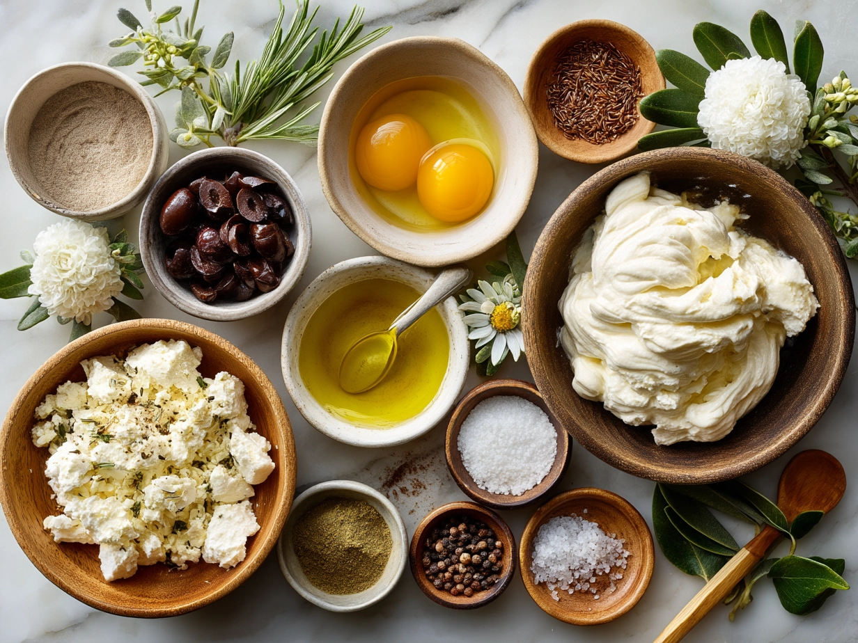 Top down raw ingredients for whipped ricotta dip on marble. Modern kitchen organized mise en place.
