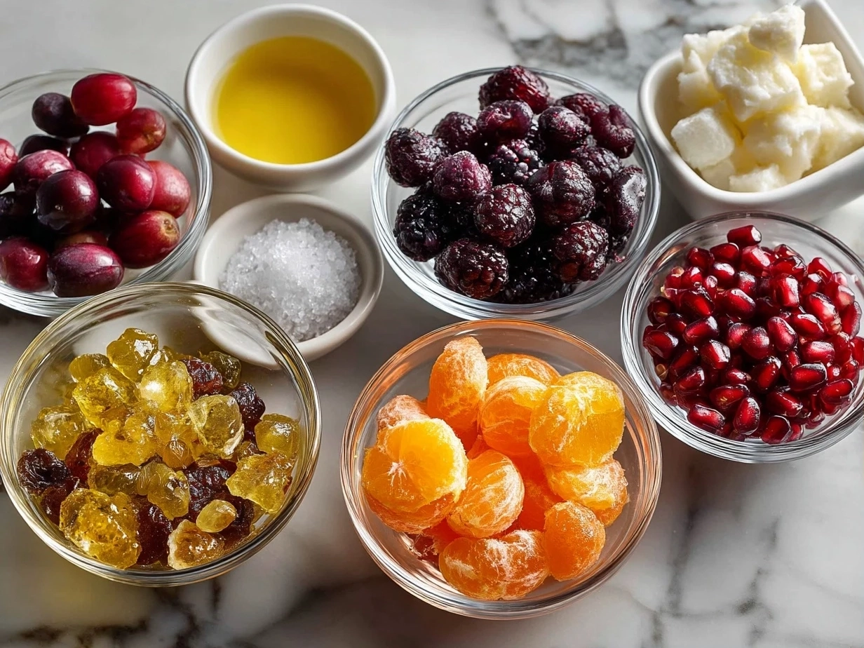 Top down view of raw ingredients for winter fruit salad on marble surface