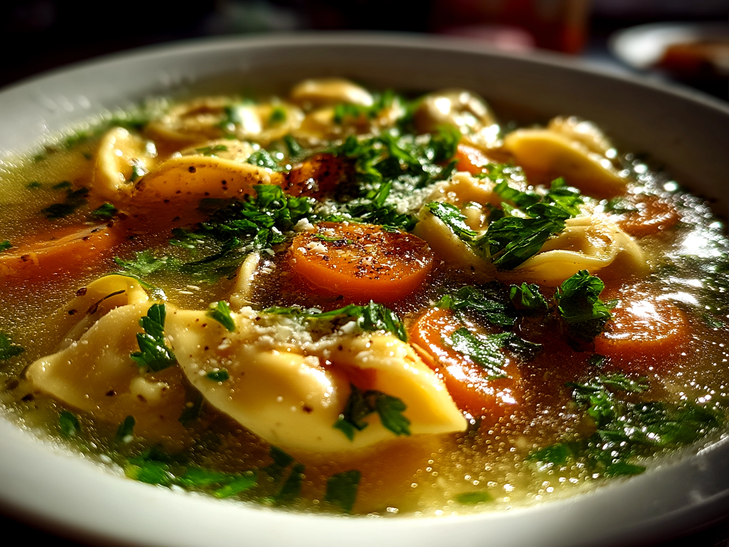 Served Tortellini Soup bowl garnished with fresh Parmesan and spinach