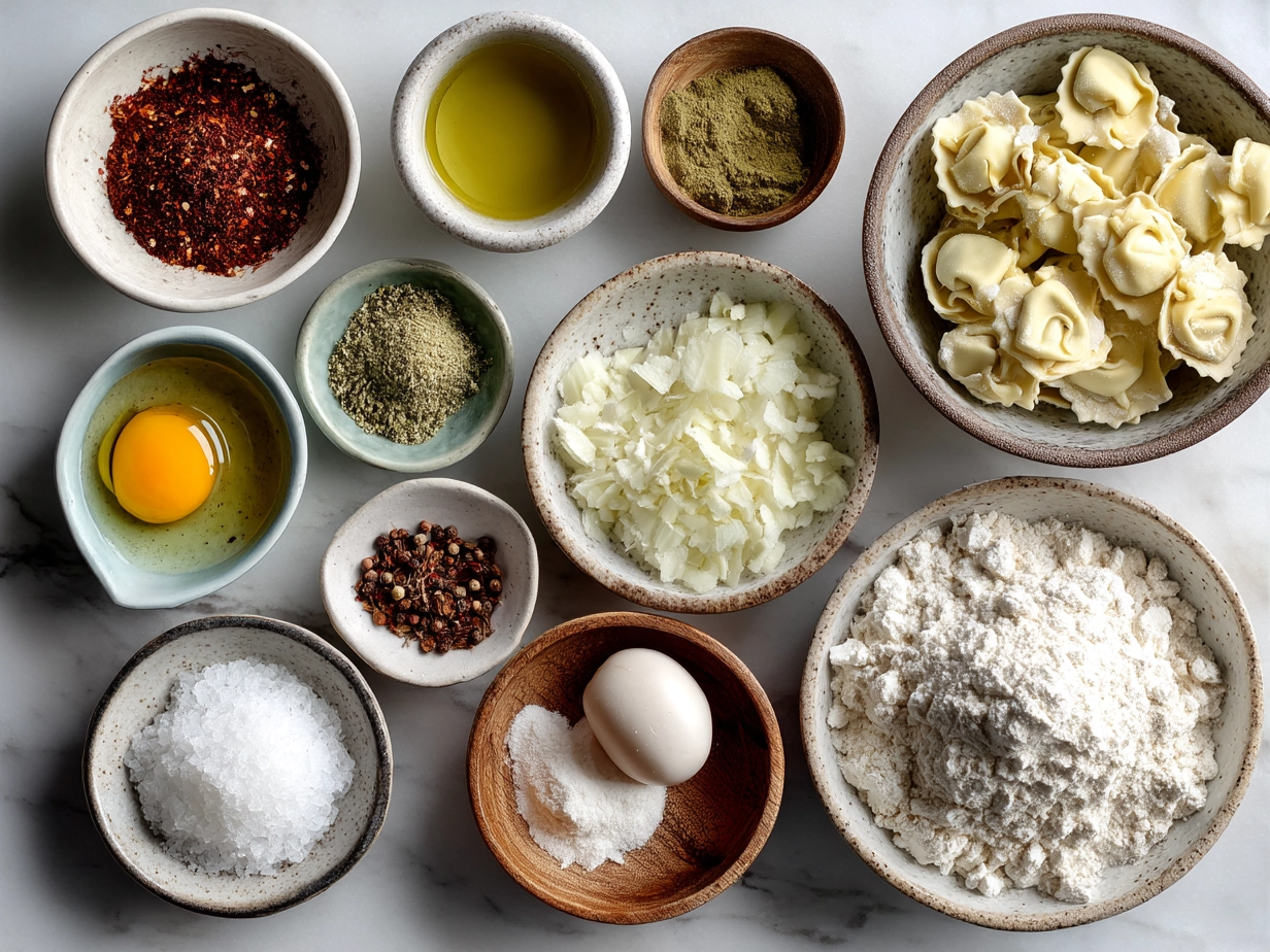 Ingredients for Tortellini Soup laid out on a kitchen counter