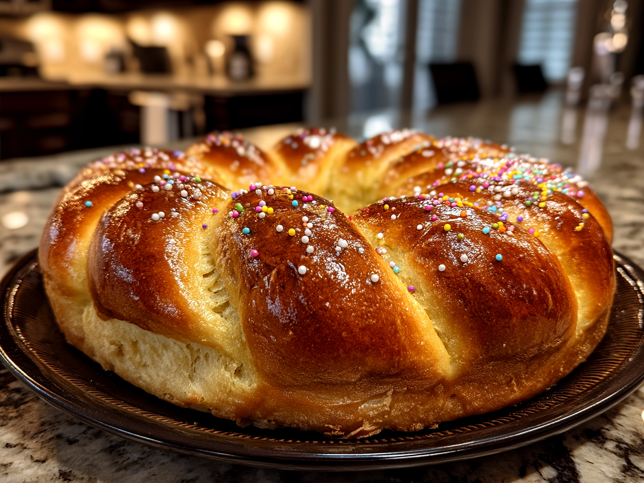 Traditional King Cake decorated with purple, green, and yellow icing stripes on a bright serving platter