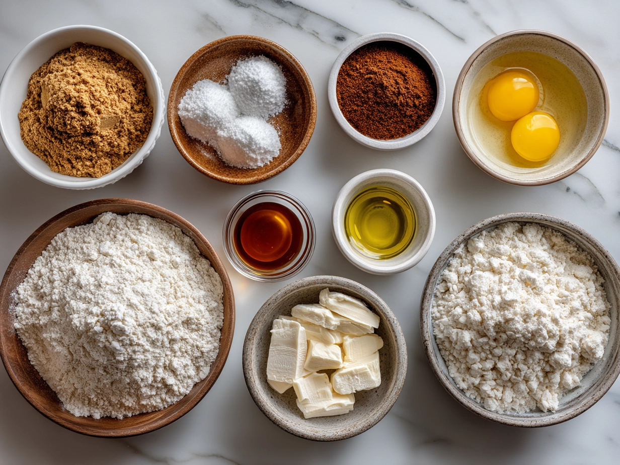 Ingredients for Traditional King Cake spanning flour, cinnamon, sugar, milk, butter, eggs, and food coloring