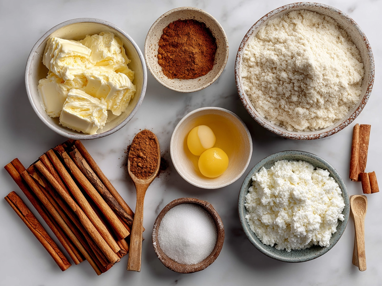 Ingredients for Tres Leches Cinnamon Rolls including flour, sugar, yeast, milk, butter, and cinnamon
