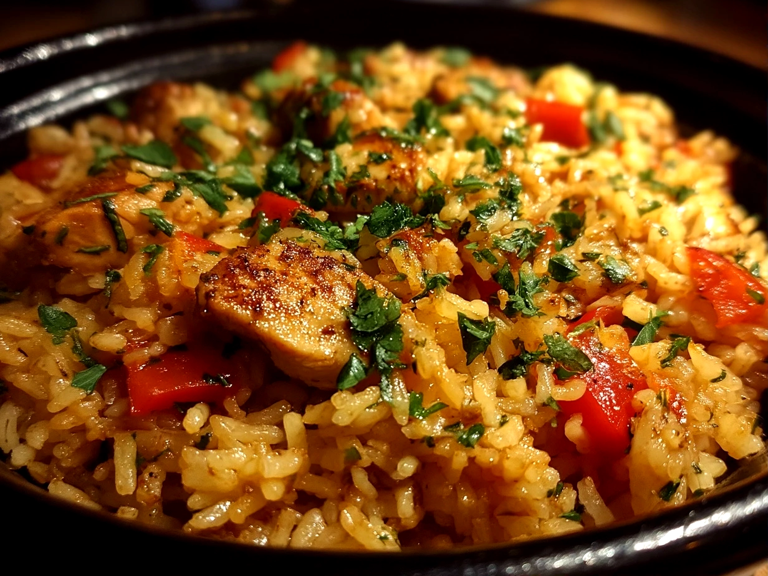 Close-up of finished comforting Chicken Fajita Rice with vibrant peppers and chicken
