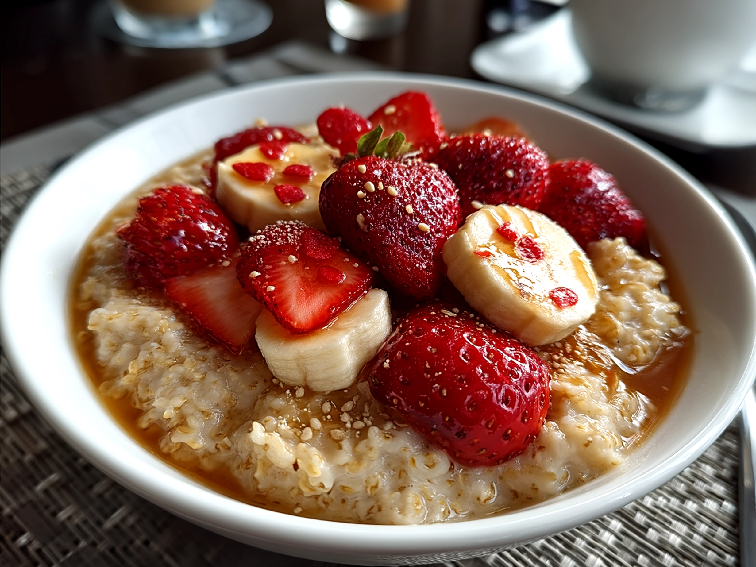 Beautifully presented Valentines Oatmeal Bowl with strawberries, pomegranate arils, and rose petals