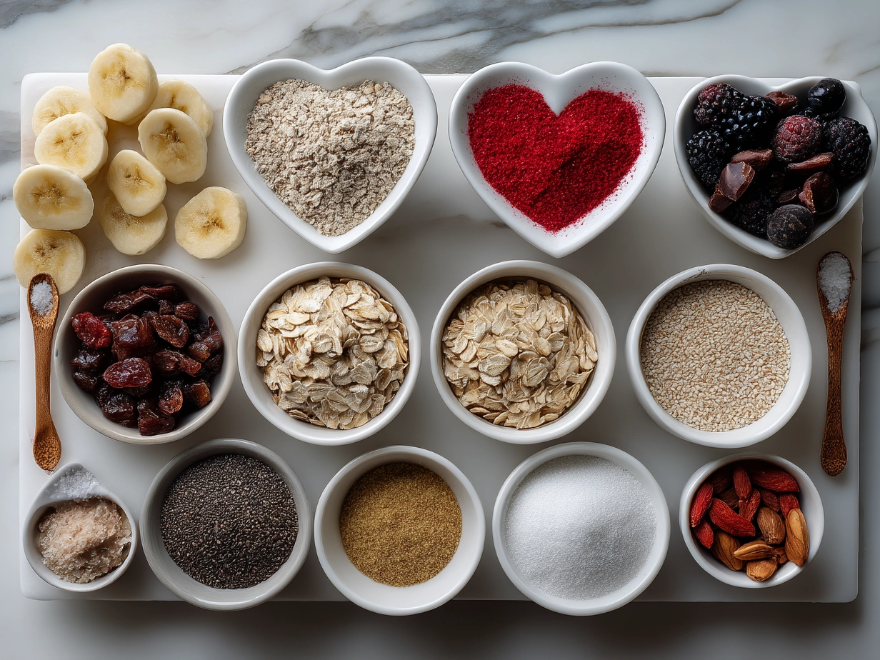Ingredients for Valentines Oatmeal Bowl showing oats, strawberries, pomegranate arils and spices